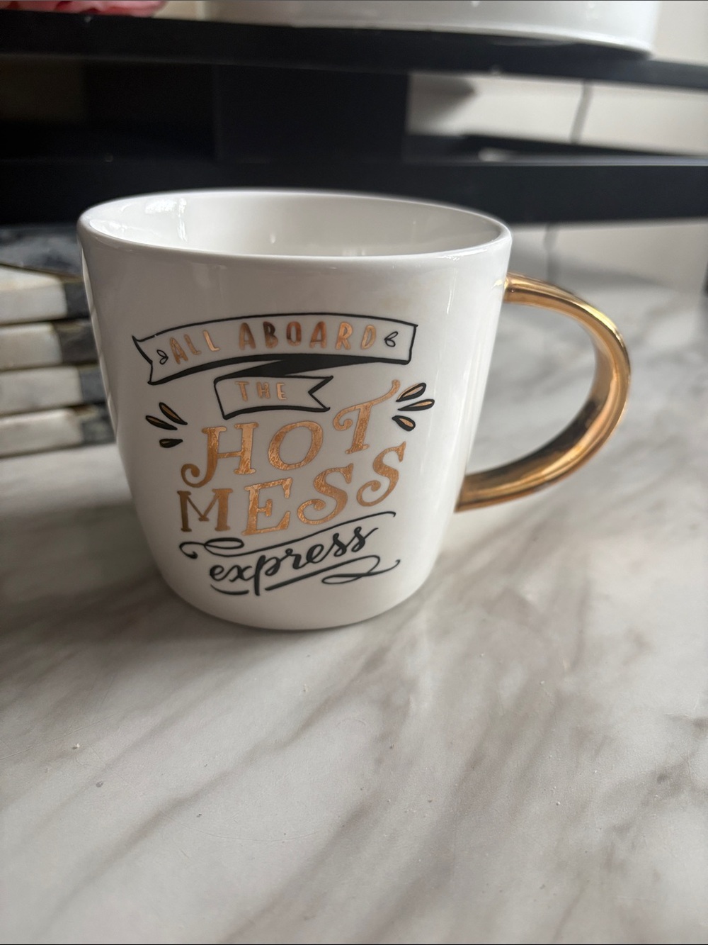 White Ceramic Mug with Gold Handle - "Hot Mess" Script